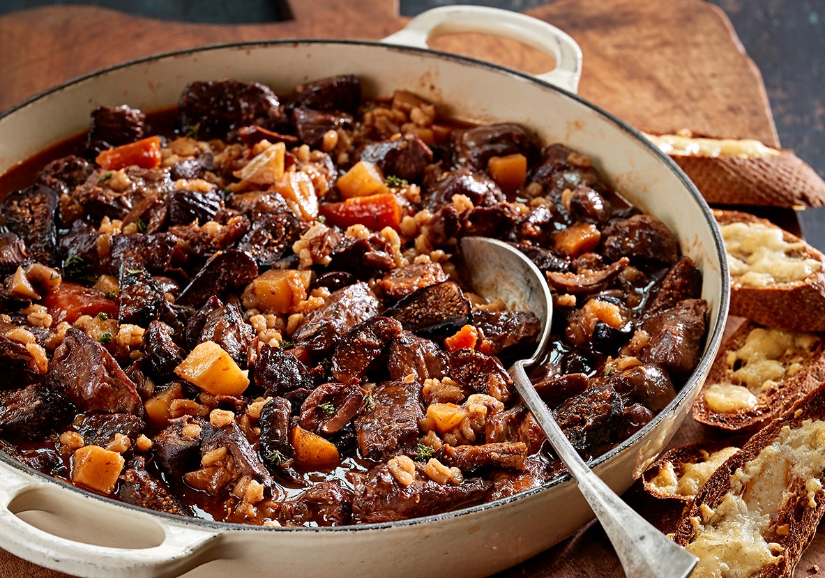 Lamb and Barely stew in a pot