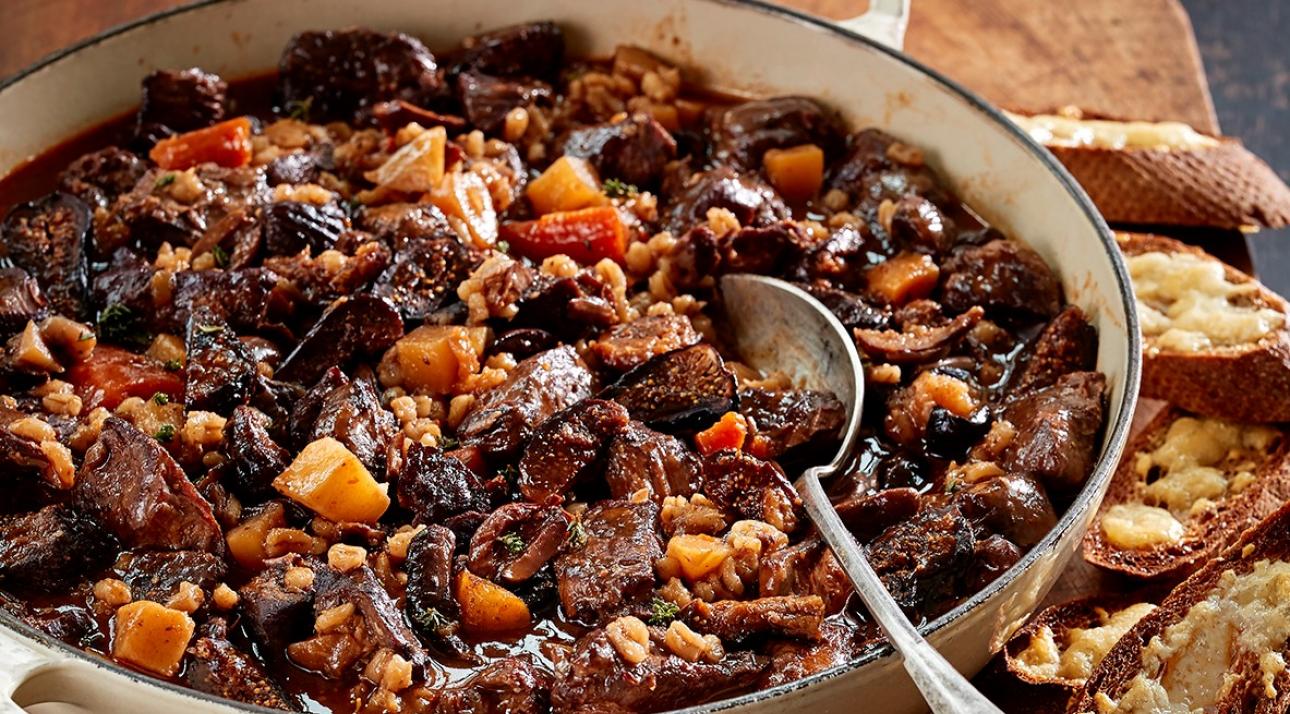 Lamb & Barley Stew with Dried Figs, Olives & Gruyère Toasts